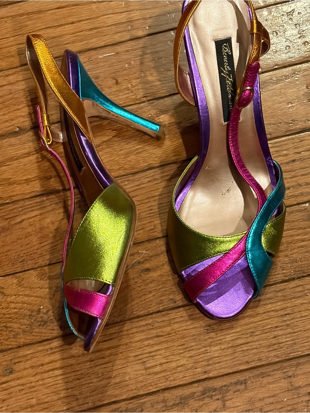 VINTAGE Summer Of Love Beverly Feldman Metallic Rainbow Sling back Pumps 8 M
